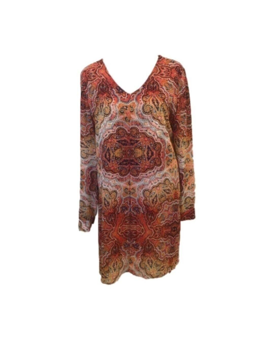 Chico’s Size 1 sheer split front layered top roll tab sleeves hi-lo v-neck